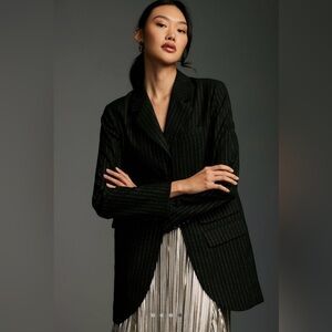 Anthropologie Maeve Tiered Sparkle Longline Blazer Black Silver Pinstripe